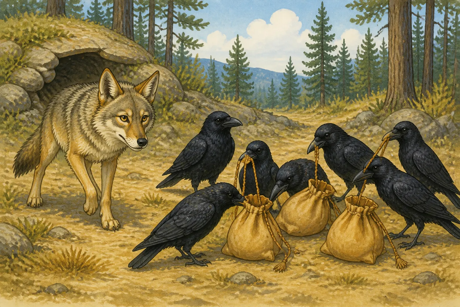 Illustration for "Coyote Tales": The Coyote, being very curious, came near and saw that they all had buckskin bags