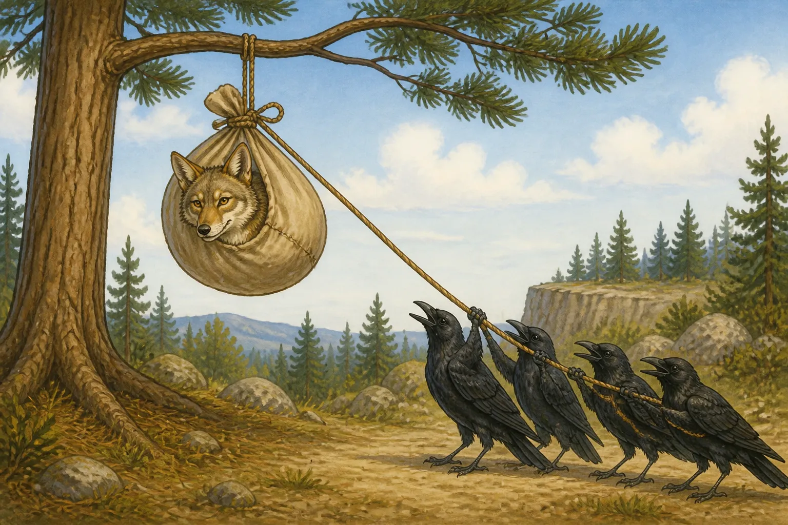 Illustration for "Coyote Tales": The Coyote crawled into the bag, and all the Blackbirds taking hold of the rope, pulled with all their might till the bag was swung...