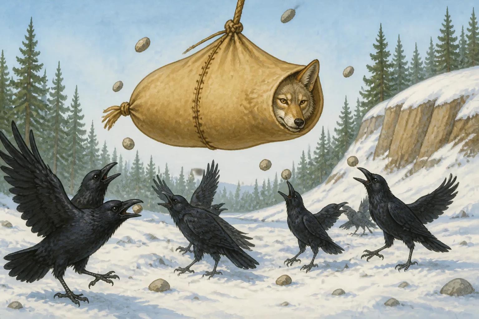 Illustration for "Coyote Tales": And they kept pelting him, all the time crying and chattering as if they, too, were suffering greatly from the hail.