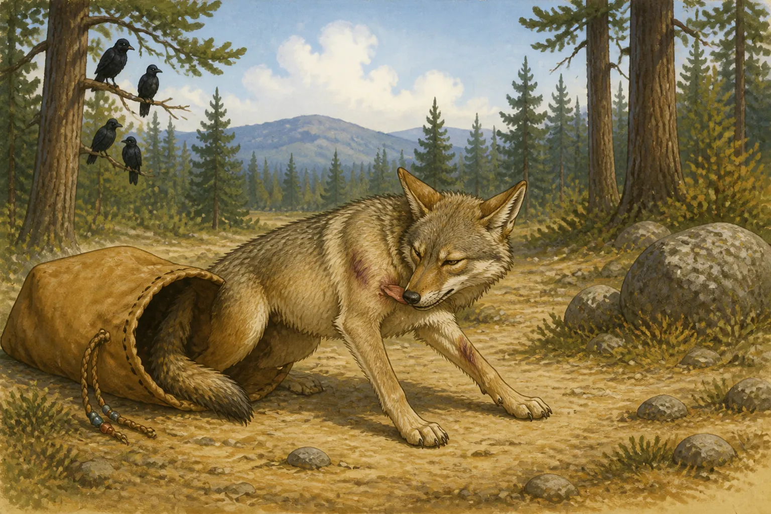 Illustration for "Coyote Tales": he crawled weeping and groaning from the bag, and began to lick his bruises...