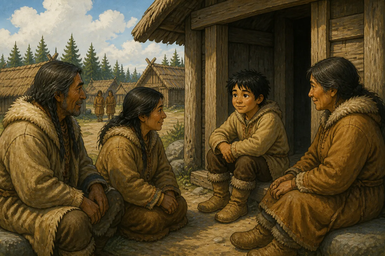 Illustration for "Raven Tales": Now there was an orphan boy in the village who sat with the humble people over the entrance way of the kashim.