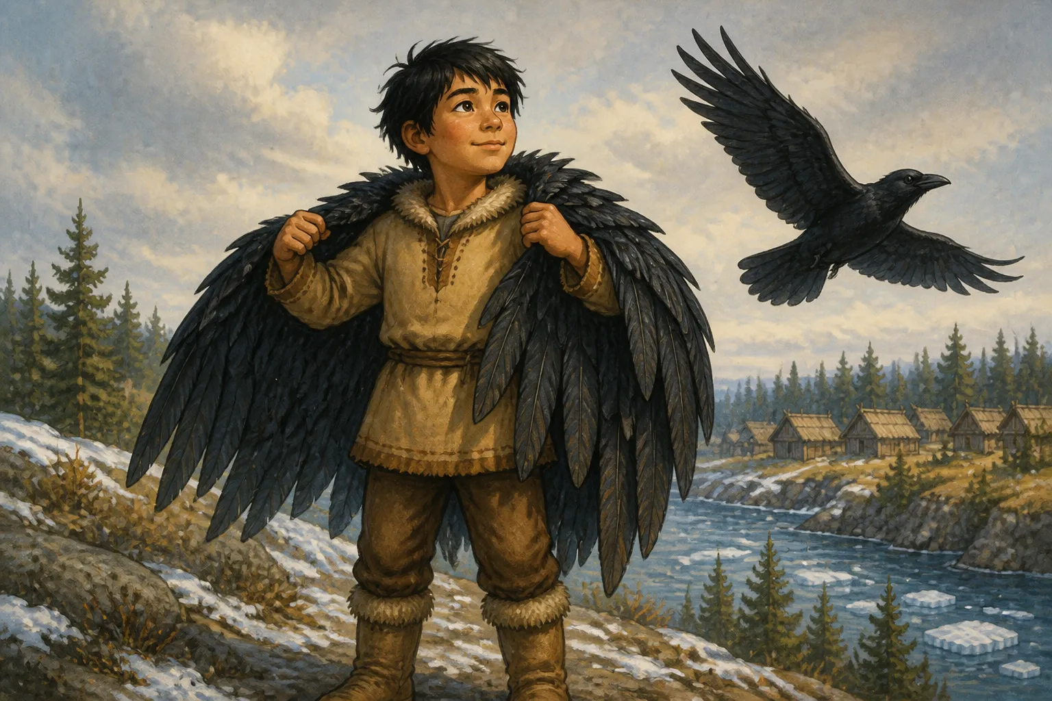 Illustration for "Raven Tales": Now this boy was like any other boy until he put on a raven coat he had. Then he became Raven.