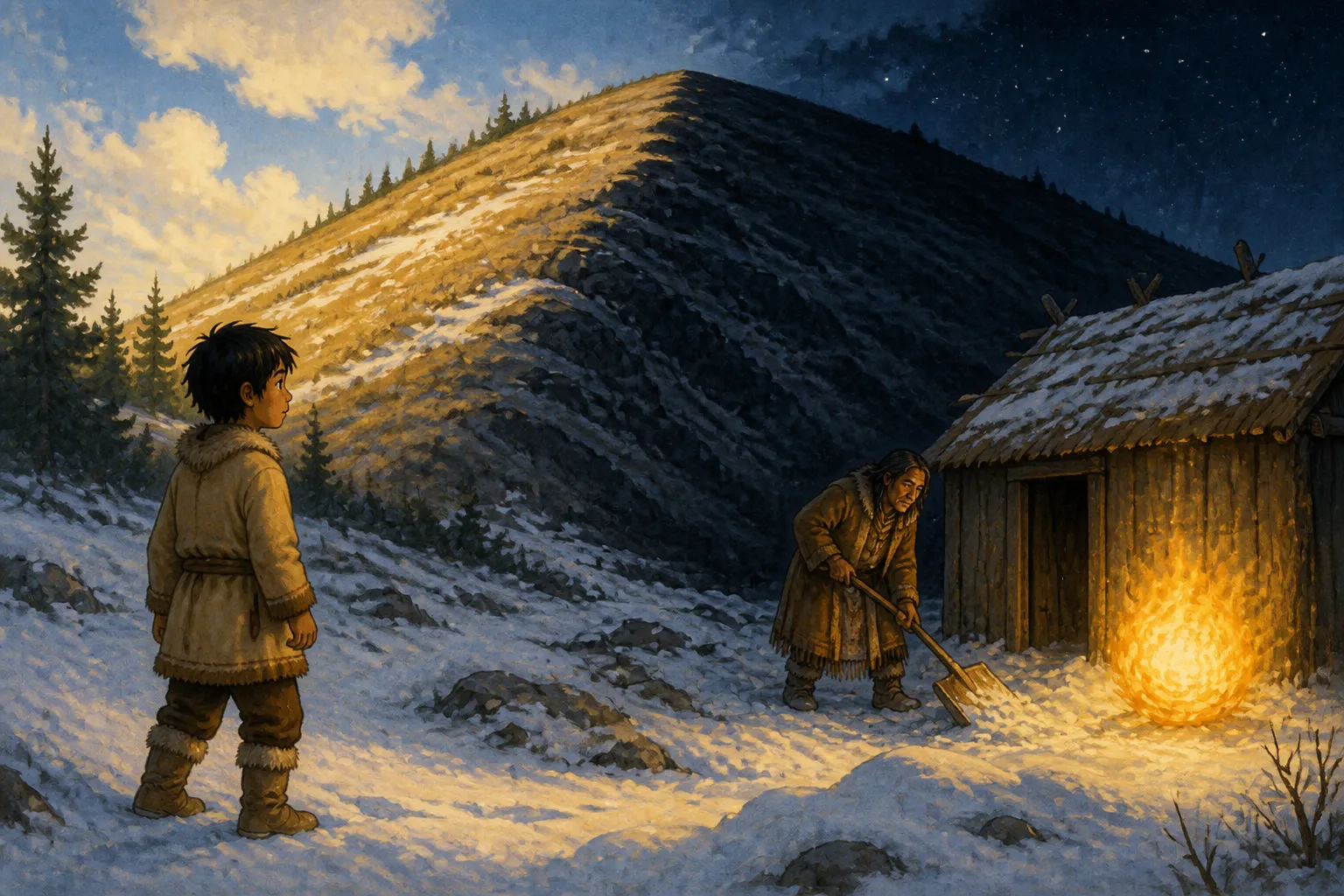 Illustration for "Raven Tales": At last the boy came to a large hill. One side was brightly lighted; the other side was black as night. Close to the hill was a hut. A...