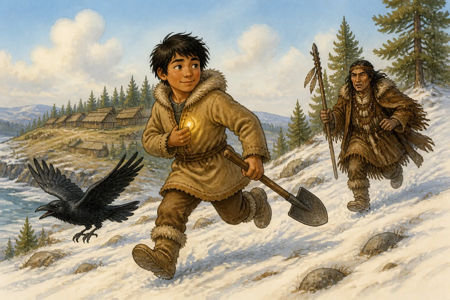 Illustration for "Raven Tales": Then the boy caught up the ball of light. He put it in the turned-up flap of his fur coat. Then he picked up the shovel and ran away...