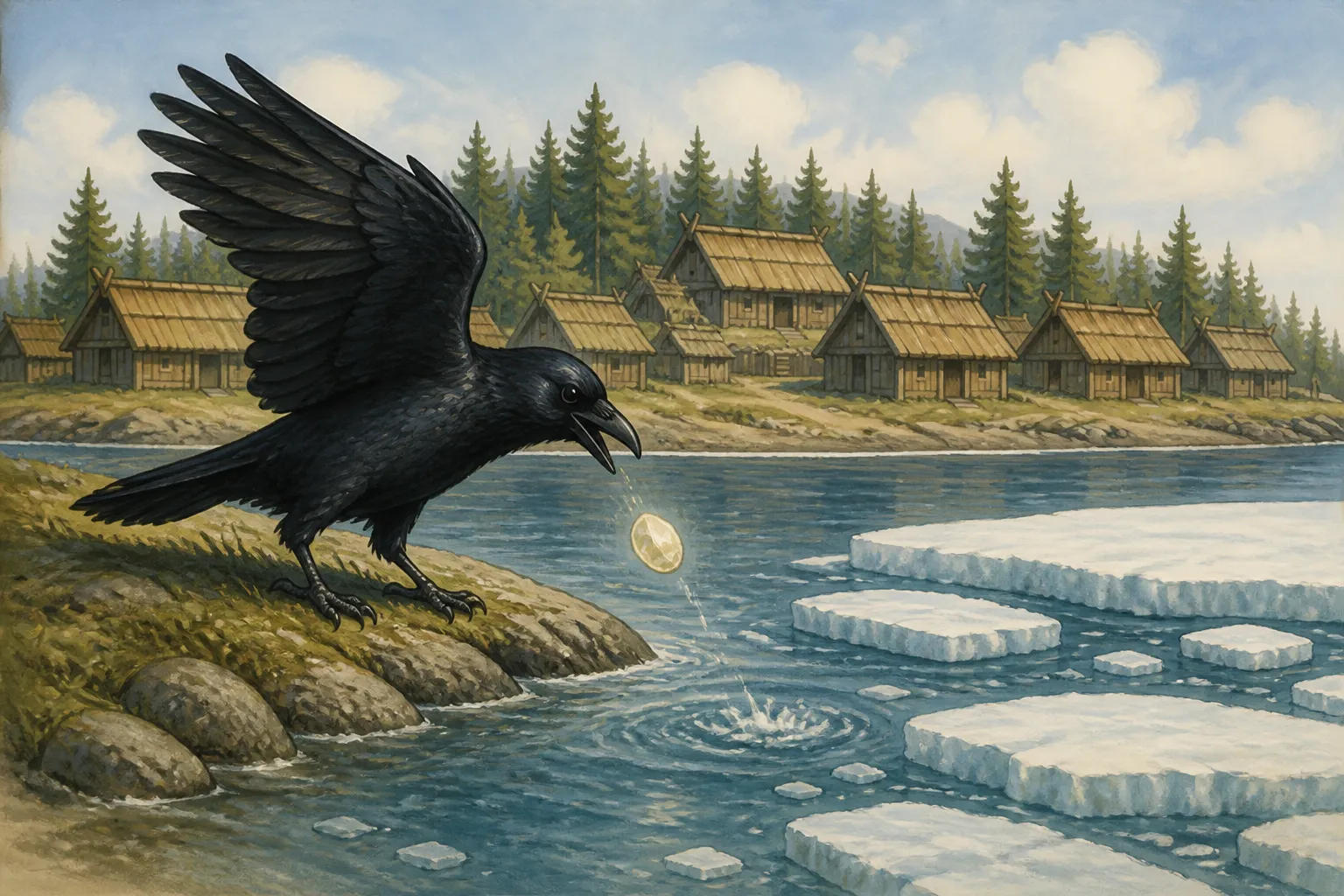 Illustration for "Raven Tales": When Raven reached the kashim of his own village he threw away the last piece.