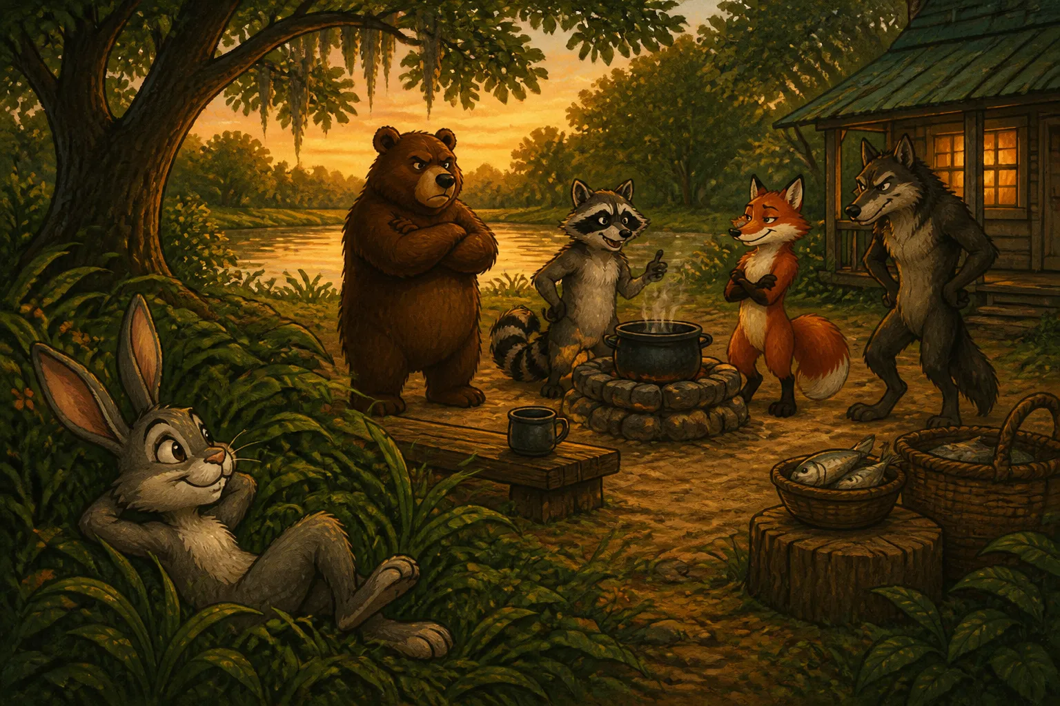 Illustration for "Br’er Rabbit Stories": ol' Brer Rabbit wus settin' in a shady place in de grass, a-hearin' eve'y word dey say.