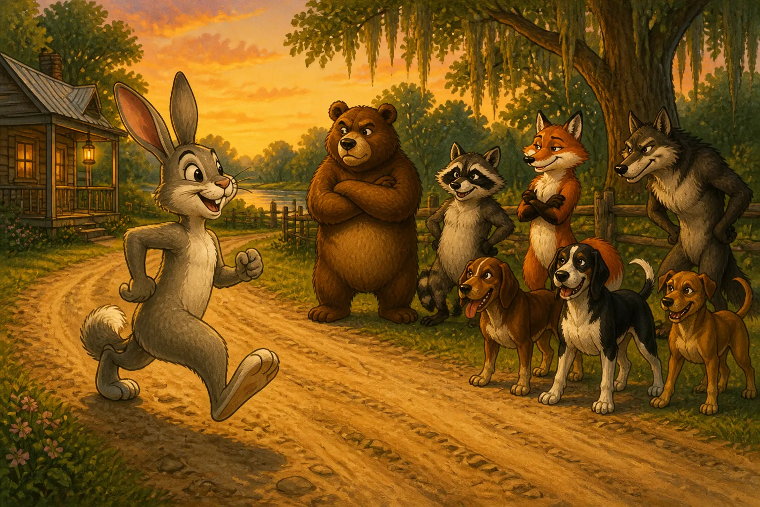 Illustration for "Br’er Rabbit Stories": here he come down de big road--bookity-bookity--same ez a hoss dat's broke thoo de pastur' fence.