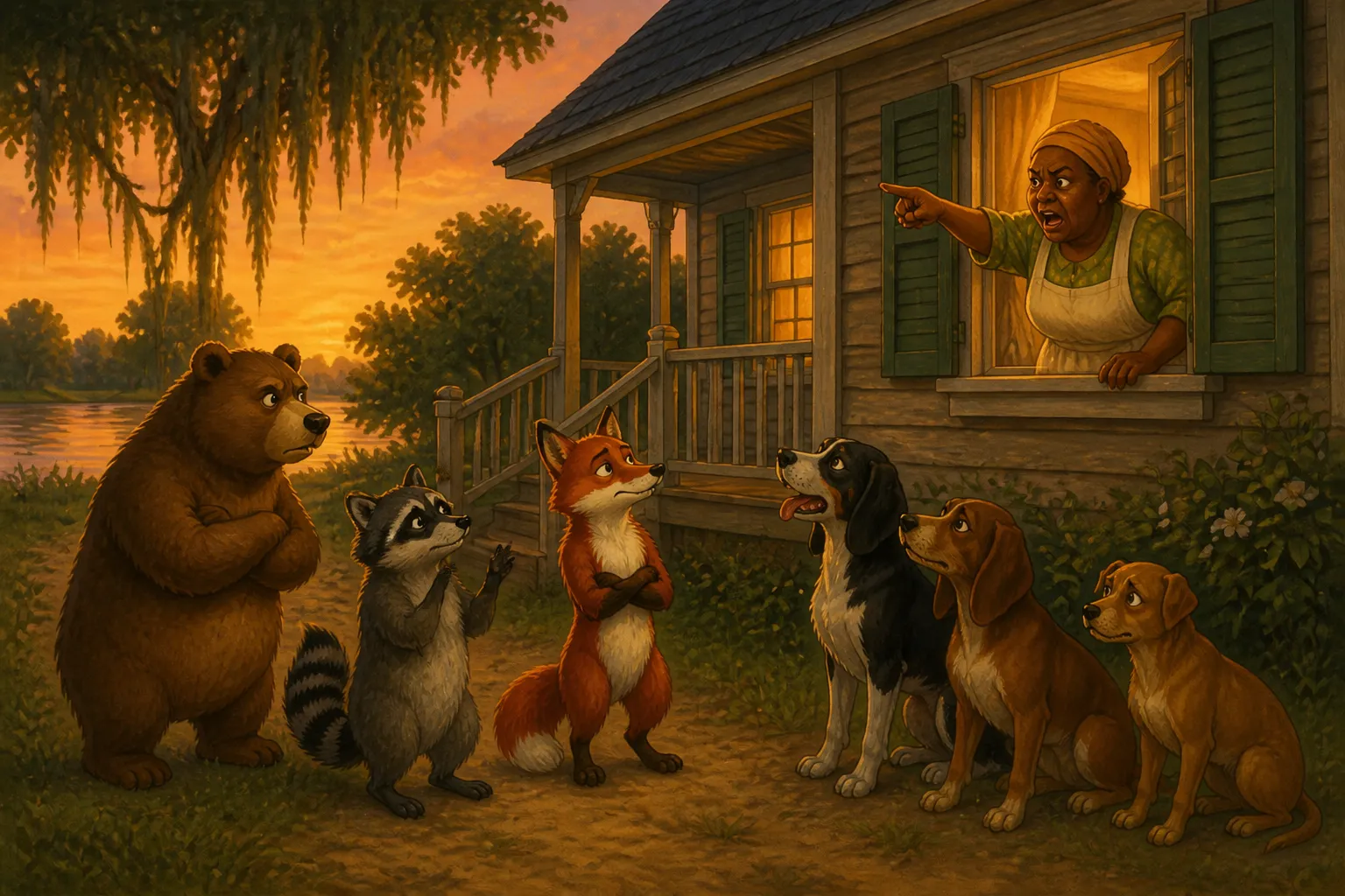 Illustration for "Br’er Rabbit Stories": 'De creeturs aint had no dance, an' when dey went ter Miss Meadows', she put her head out de winder, an' say ef dey don't go off fum...