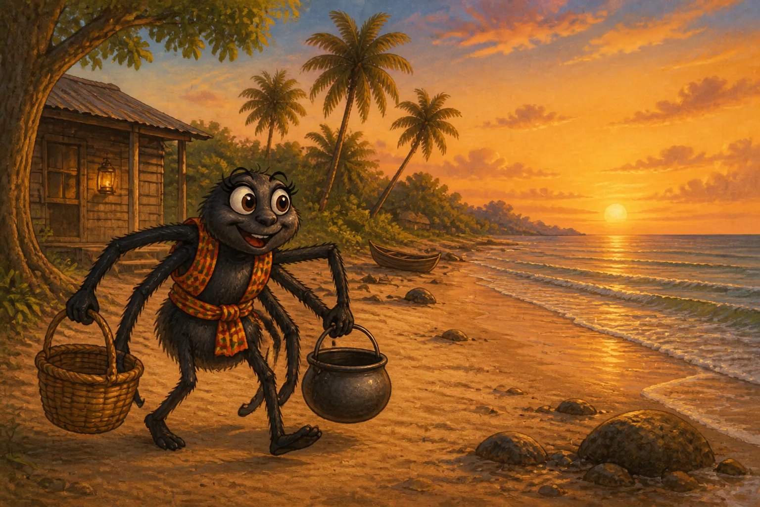 Illustration for "Anansi / Aunt Nancy Stories": Anansi couldn’t get anyt’ing to eat, so he take up his hand-basket an’ a big pot an’ went down to the sea-side to catch fish.