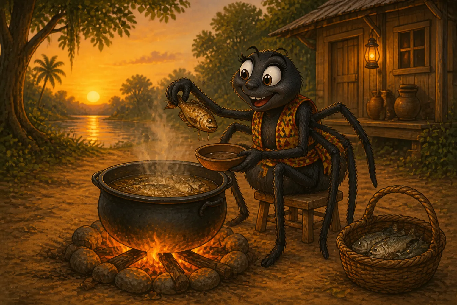 Illustration for "Anansi / Aunt Nancy Stories": He then catch the pot full an’ his hand-basket. He bile the pot full and sit down and eat it off;