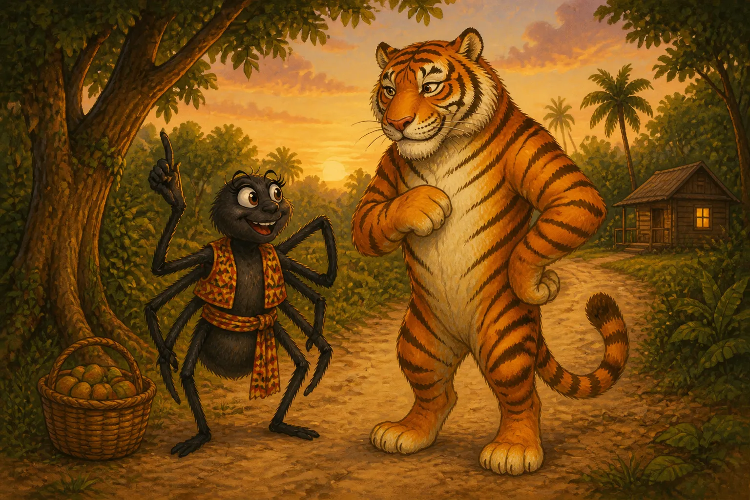 Illustration for "Anansi / Aunt Nancy Stories": While going along, he meet up Tiger.