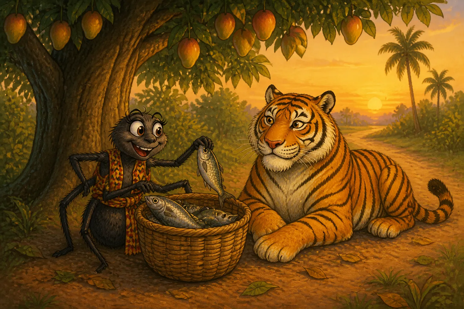 Illustration for "Anansi / Aunt Nancy Stories": Anansi then sit down underneath a tree, open his basket, take out the fishes one one...