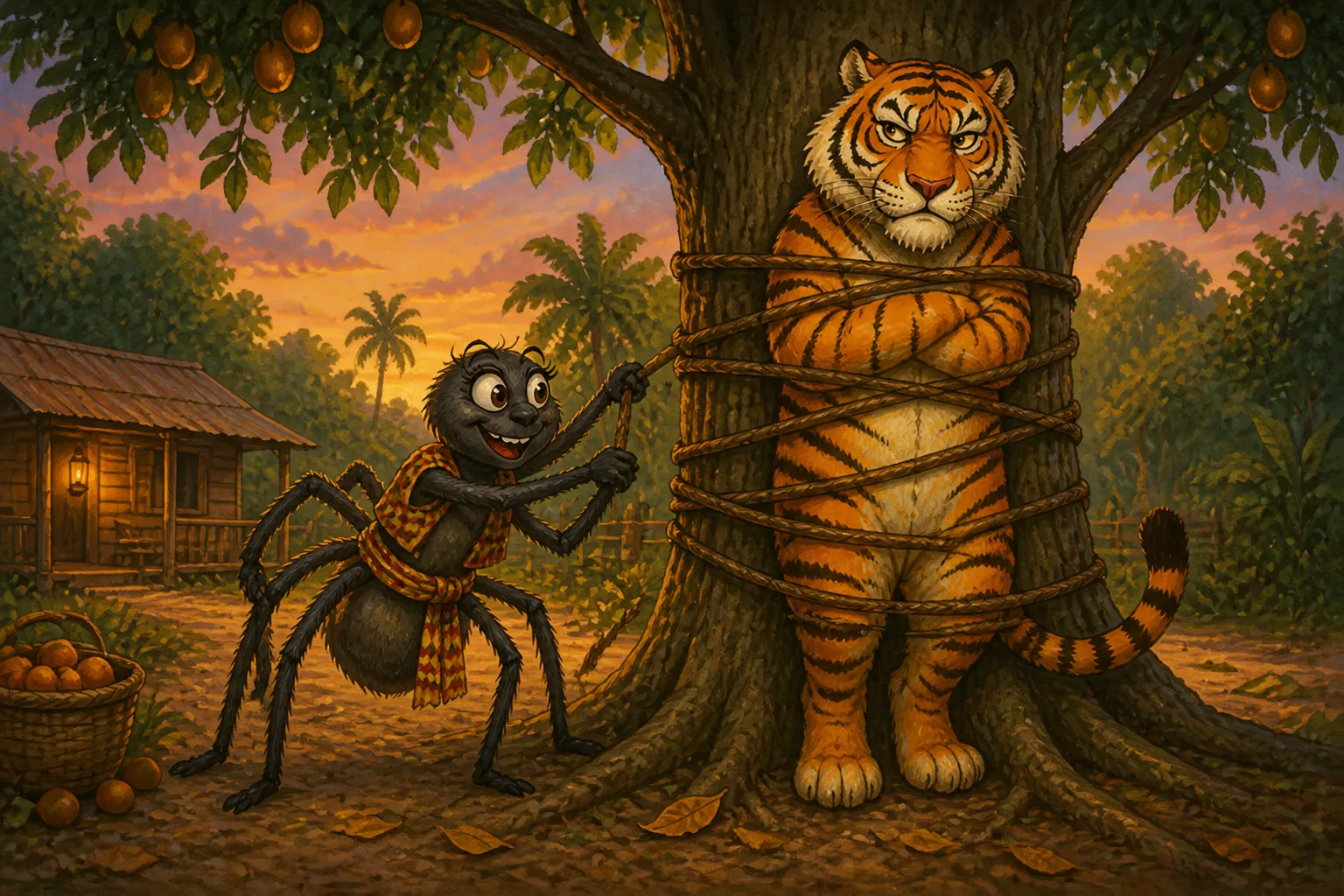 Illustration for "Anansi / Aunt Nancy Stories": Anansi now take the hair an’ lash it round the tree tie up Tiger on the tree.