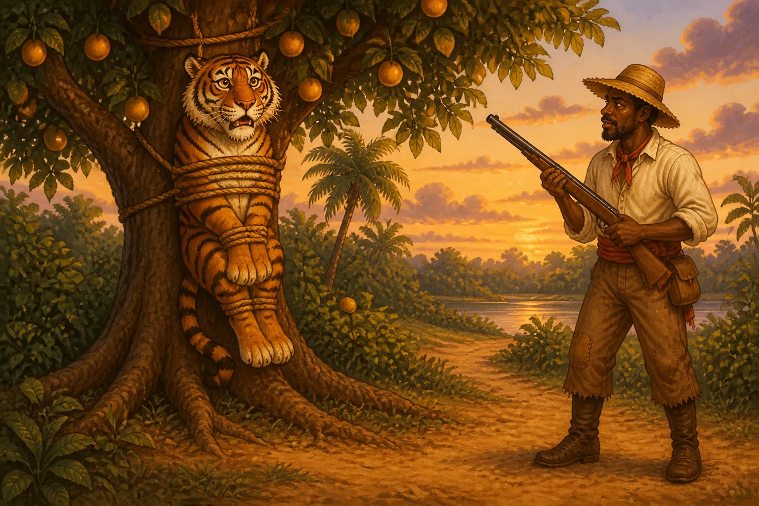 Illustration for "Anansi / Aunt Nancy Stories": Anansi leave him go home, an’ a hunter-man come an’ see Tiger tie on the tree, make kill him.