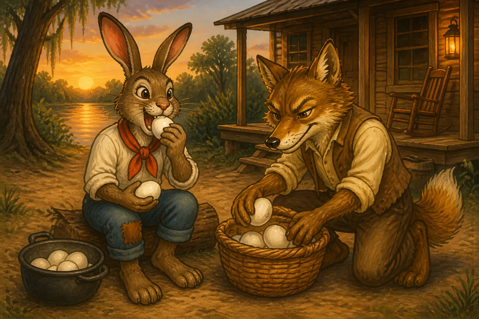 Illustration for "Compair Lapin and Bouki": Compair Bouki, I am very hungry; I am going to eat my eggs immediately. — Do as you want, Compair Lapin; I shall take mine to my wife...