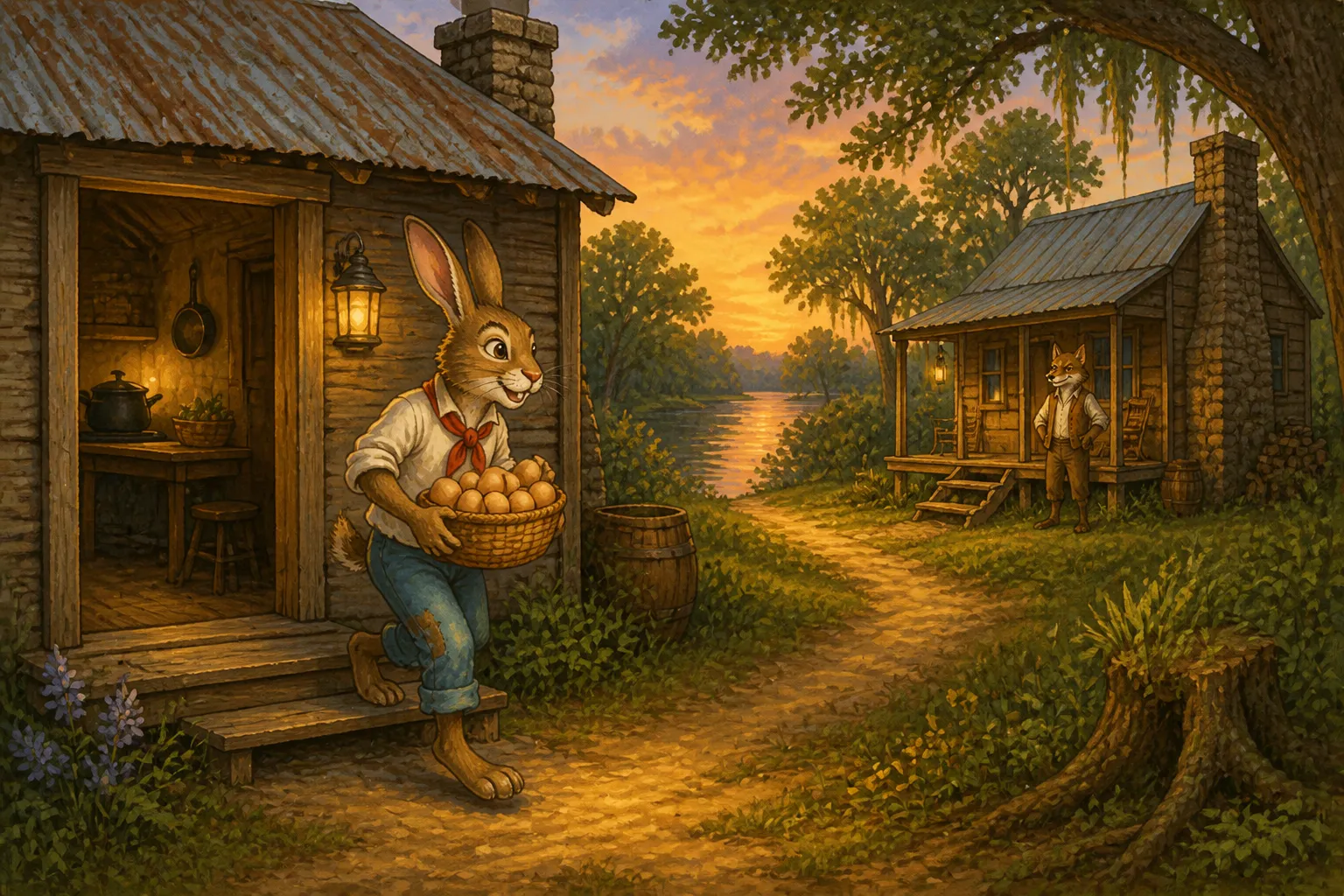 Illustration for "Compair Lapin and Bouki": Compair Lapin went to put his dozen of eggs in his cabin, then he went to Compair Bouki’s.