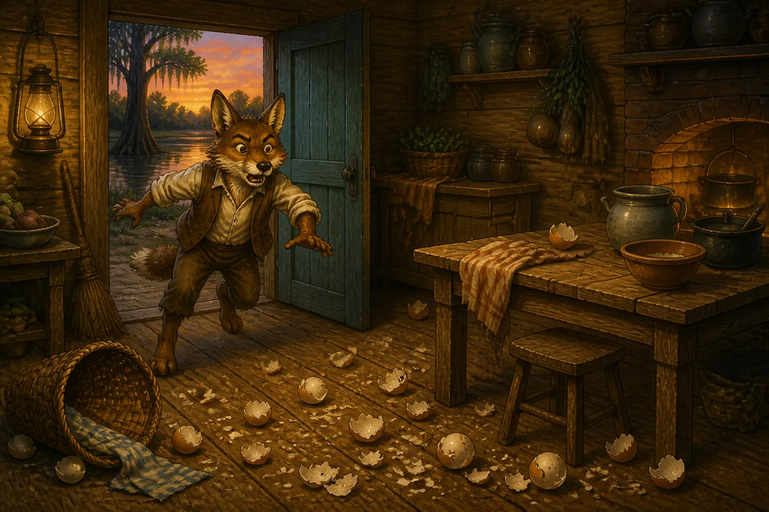 Illustration for "Compair Lapin and Bouki": He ran into the kitchen; the shells of the eggs were scattered all about.