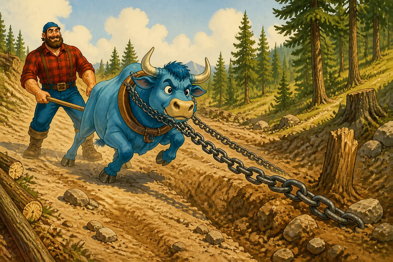 Illustration for "Paul Bunyan": He also used Babe to pull the kinks out of the crooked logging roads and it was on a job of this kind that Babe pulled a chain of...