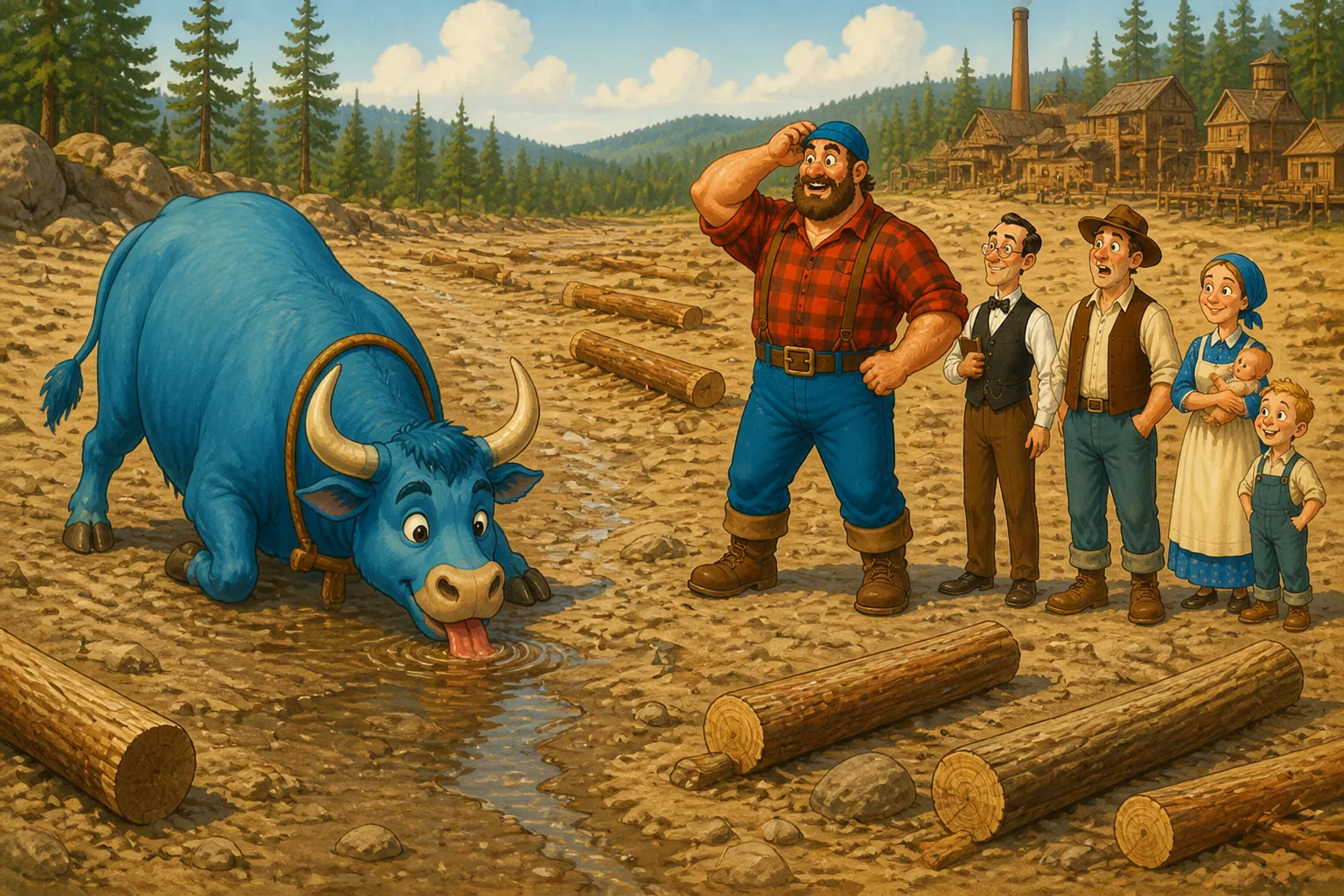 Illustration for "Paul Bunyan": He would sneak up behind a drive and drink all the water out of the river, leaving the logs high and dry.