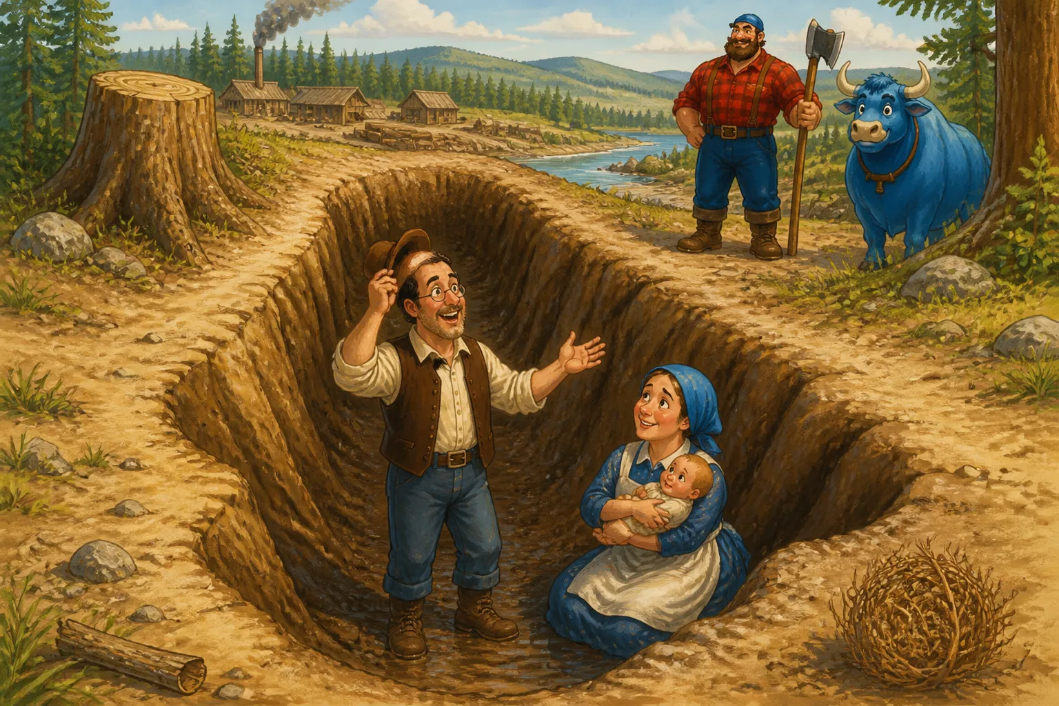 Illustration for "Paul Bunyan": Once a settler and his wife and baby fell into one of these tracks and the son got out when he was fifty-seven years old and reported...