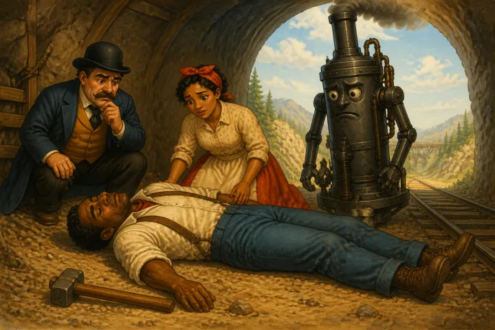 Illustration for "John Henry": Well, he laid down his hammer an’ he died, Laid down his hammer an’ he died.