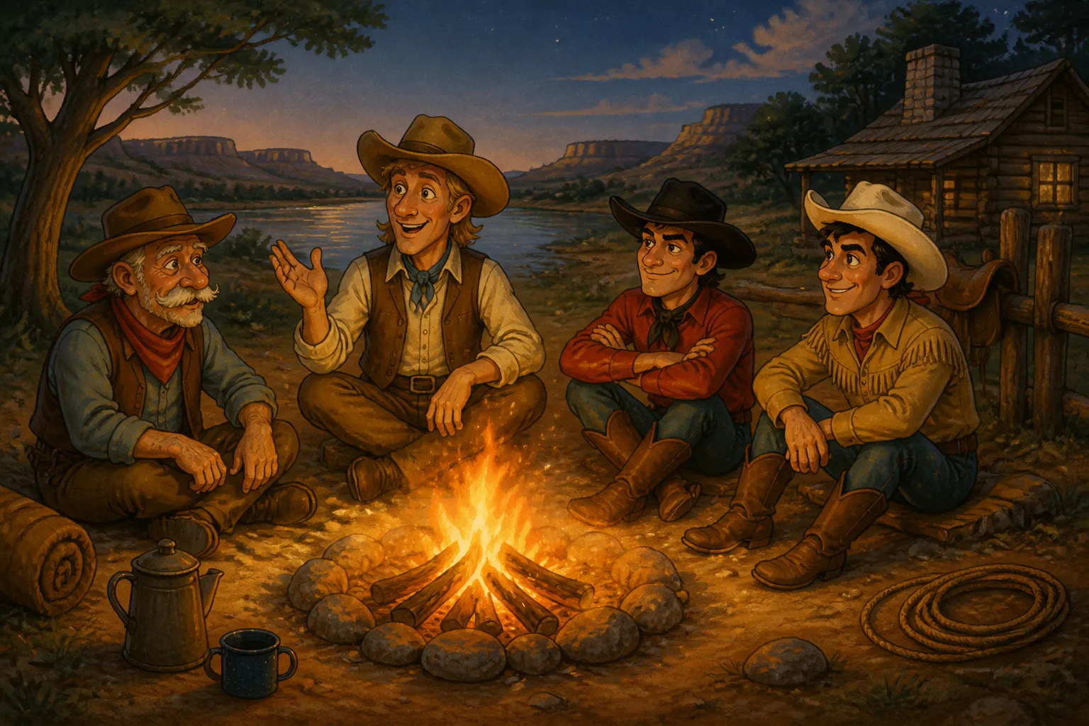 Illustration for "Pecos Bill": “I suppose,” said Lanky, as he sat by the camp-fire with Red and Hank