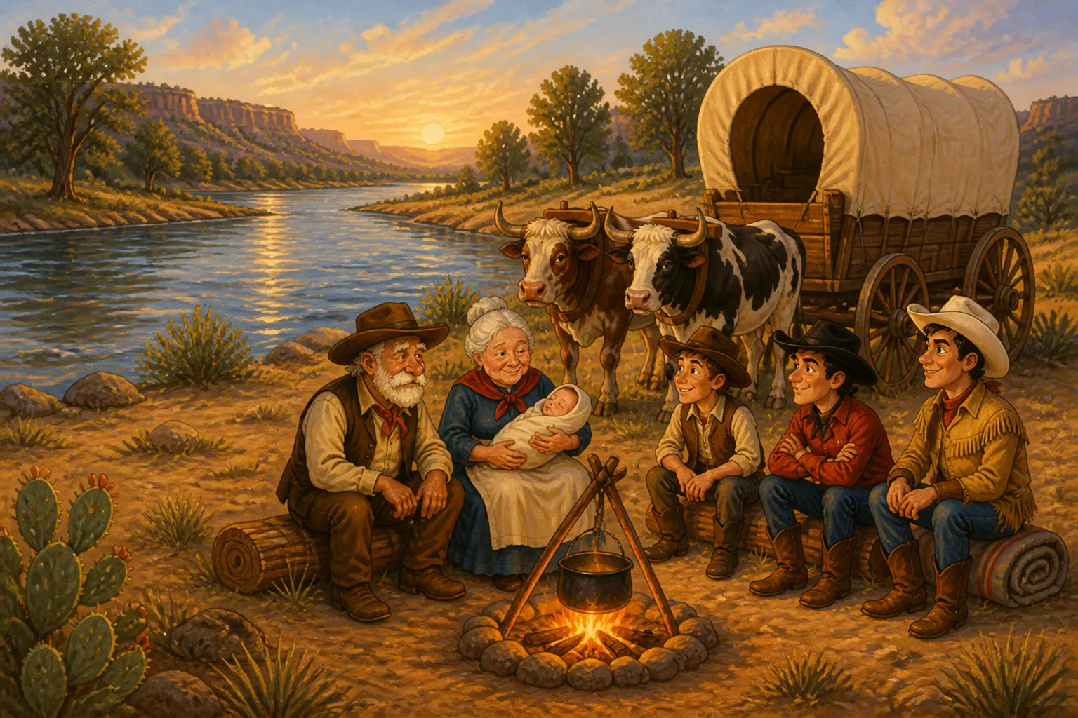 Illustration for "Pecos Bill": "As I was about to say, they crossed the river and camped for the night. That was in Texas, savvy. And that night Pecos Bill was born."