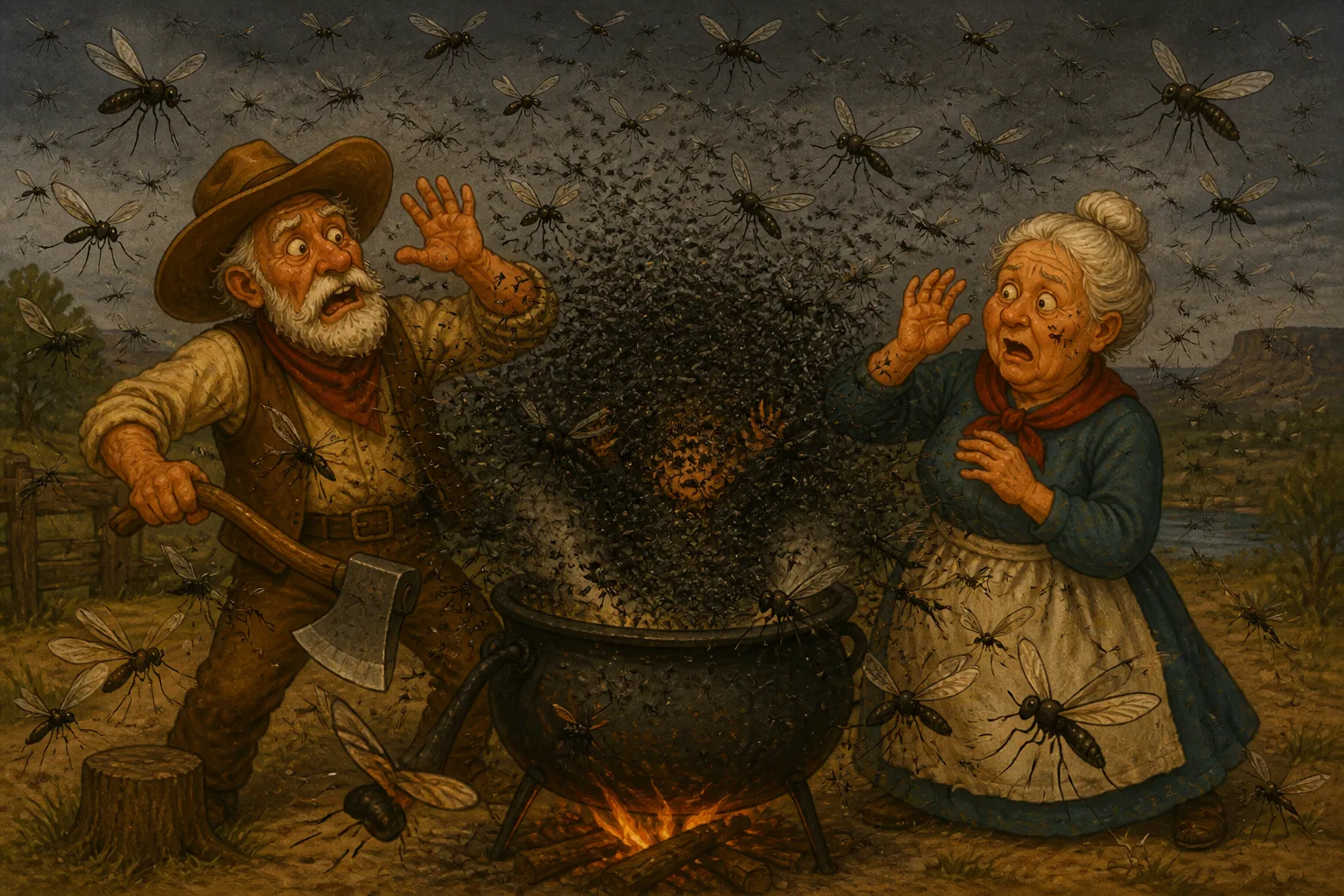 Illustration for "Pecos Bill": "Then they seen it was a swarm of big black miskeeters; and they was so thick around Bill that you jest couldn’t see him."