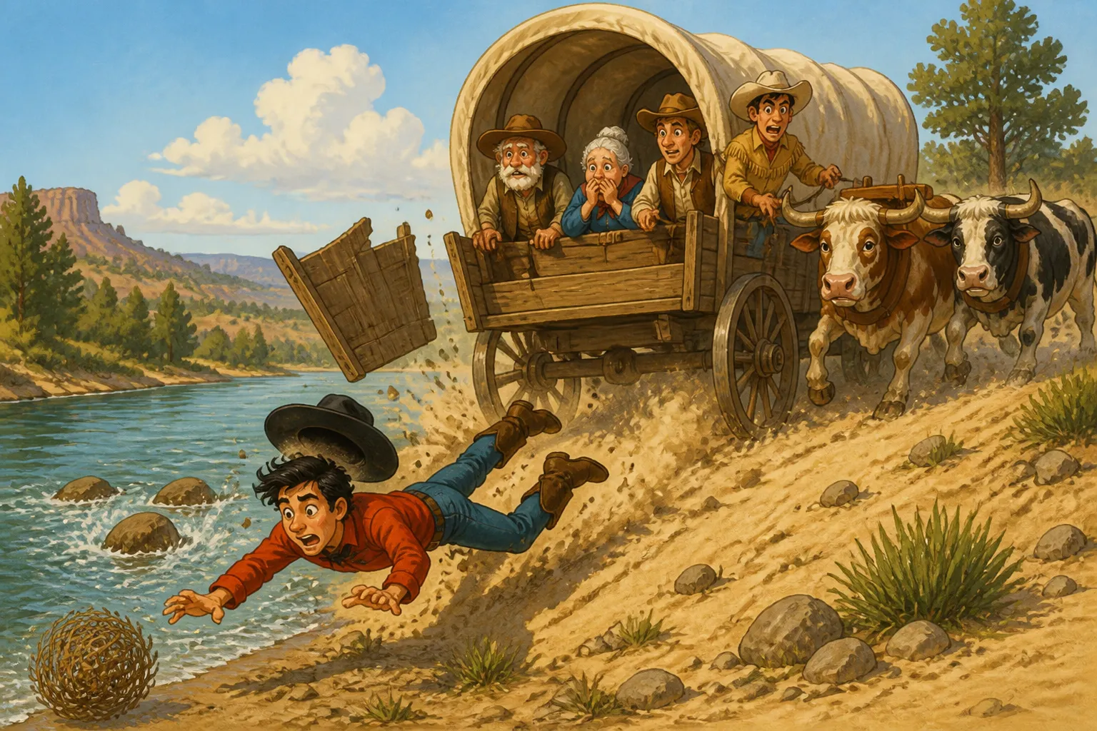 Illustration for "Pecos Bill": "He got across all right, but as he was drivin’ up the bank on the west side, the end-gate come out of the wagon, and Pecos Bill fell out."