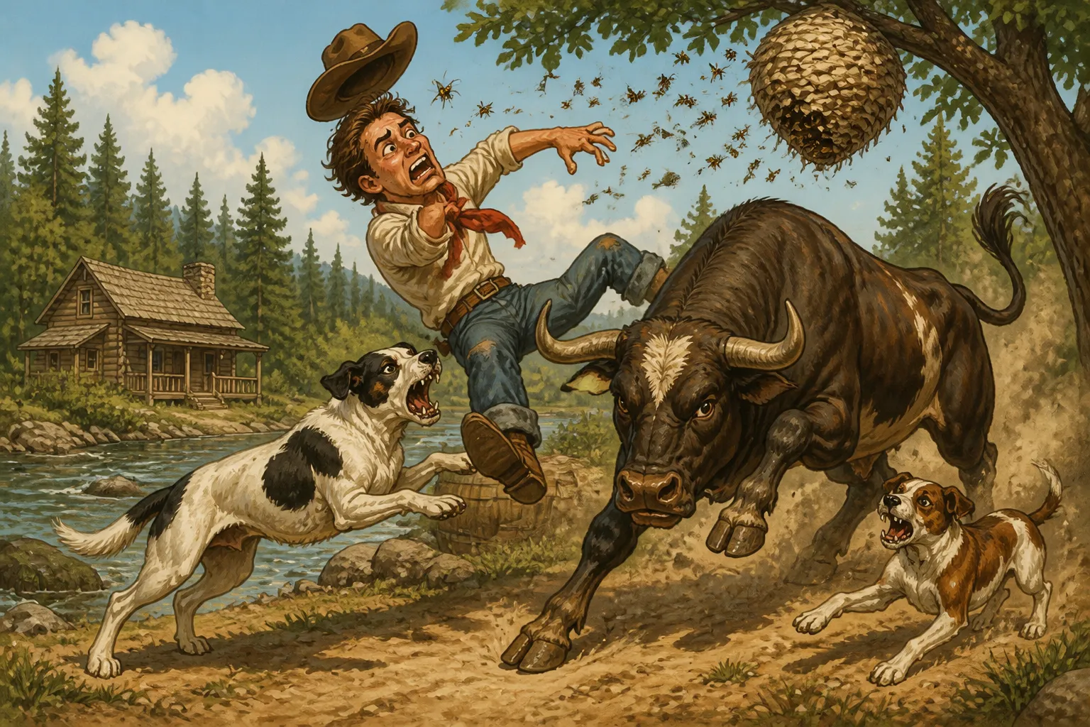 Illustration for "Mike Fink": Some on ’em hit the dogs—about a _quart_ struck me, and the rest charged old Brindle.
