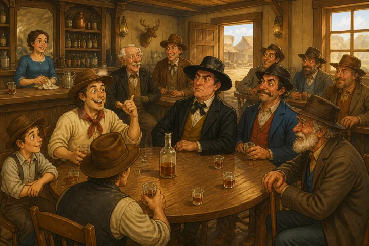 Illustration for "Mike Fink": as some dozen of us sat in the bar-room of the only tavern in the “settlement.”