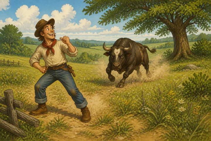 Illustration for "Mike Fink": when I seed the old Deacon’s bull a makin a b-line to whar I stood.