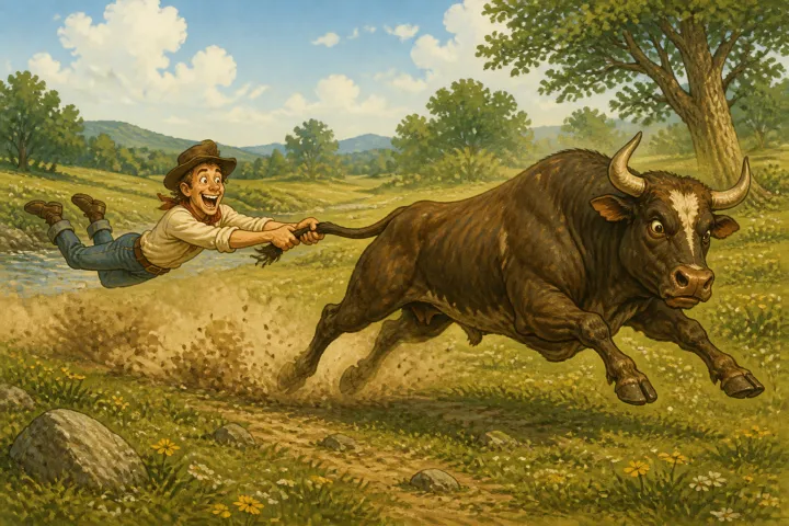 Illustration for "Mike Fink": So when he passed, I grappled his tail, and he pulled me out on the ‘sile,’