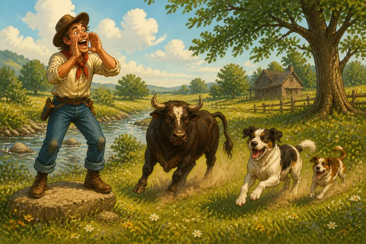 Illustration for "Mike Fink": So I gin a _yell_ louder than a locomotive whistle, and it warn’t long before I seed the Deacon’s two dogs a comin’ down