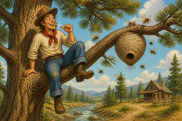 Illustration for "Mike Fink": I just clum upon a branch, kalkelating to roost thar till I starved, afore I’d be rid round that ar way any more.