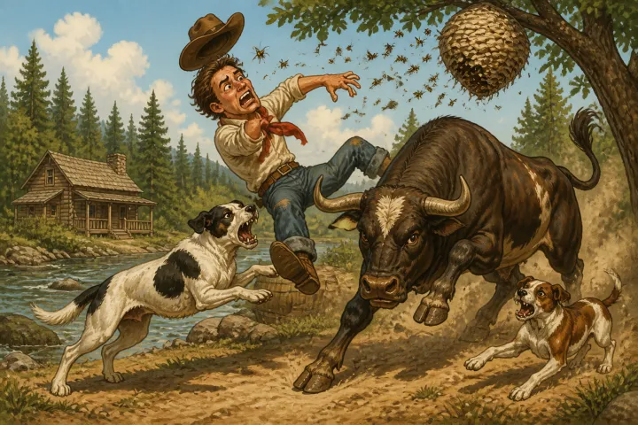 Illustration for "Mike Fink": Some on ’em hit the dogs—about a _quart_ struck me, and the rest charged old Brindle.