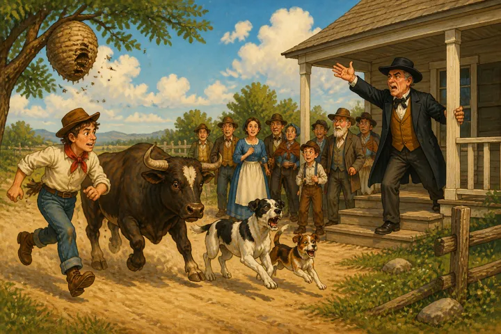 Illustration for "Mike Fink": we’d got bout two hundred yards from the house, and the Deacon hearn us and cum out.