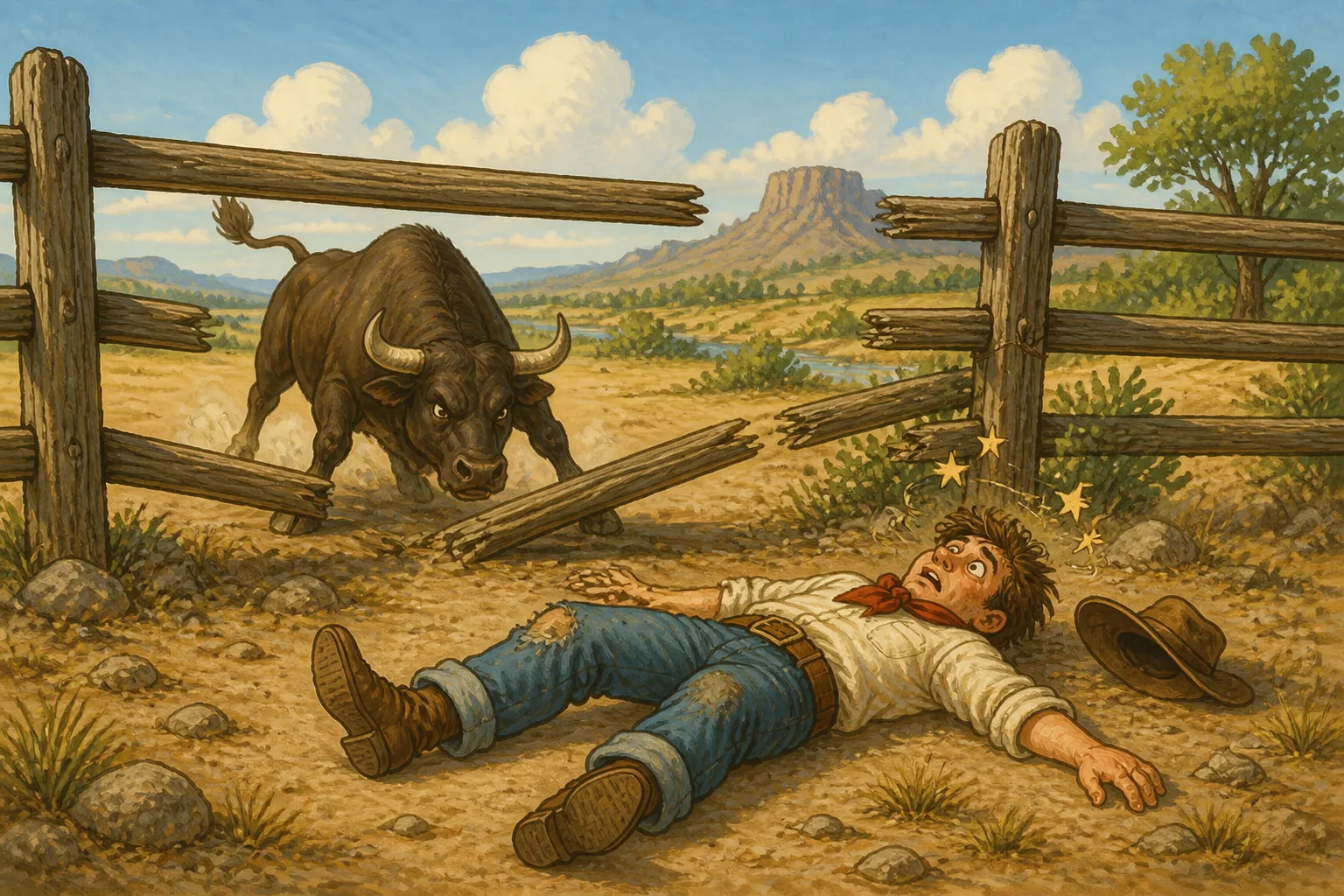 Illustration for "Mike Fink": we reached that fence, and I went _ashore_, over the old critter’s head, landin’ on t’other side, and lay thar stunned.