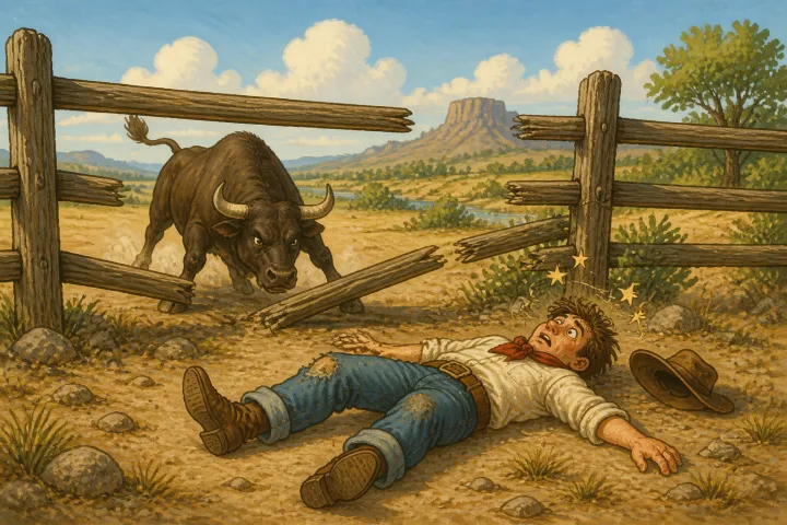 Illustration for "Mike Fink": we reached that fence, and I went _ashore_, over the old critter’s head, landin’ on t’other side, and lay thar stunned.