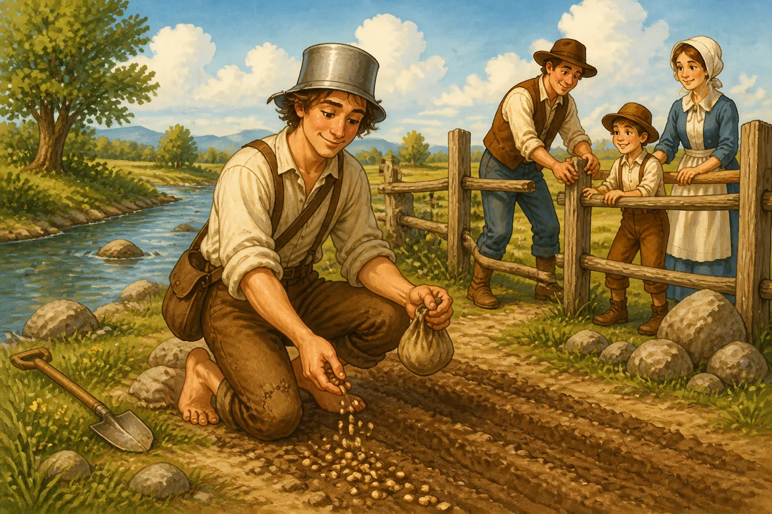 Illustration for "Johnny Appleseed Legends": he planted his seeds, fenced the place in, and left them to sprout and grow into trees for the orchards of the neighborhood.