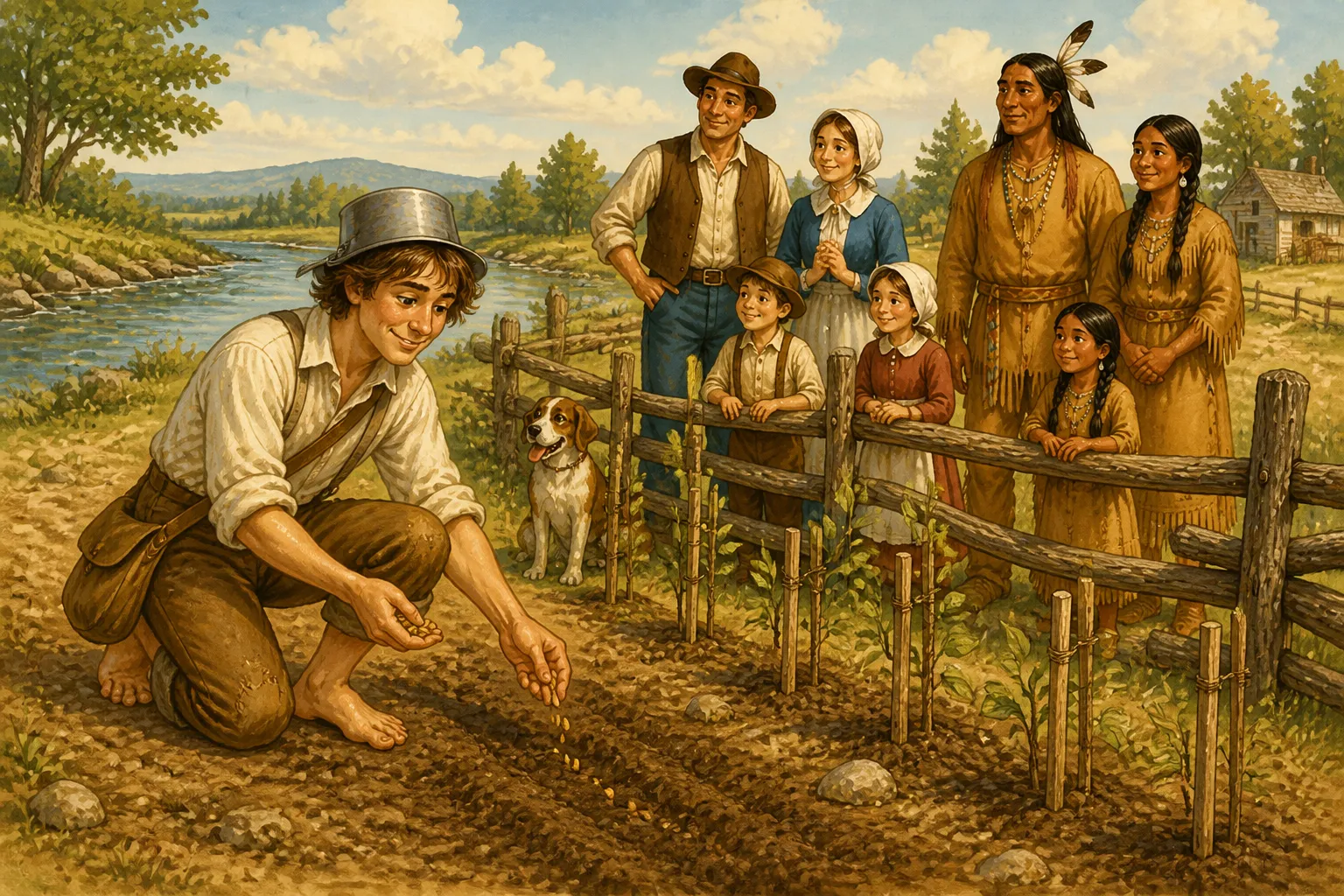 Illustration for "Johnny Appleseed Legends": he planted his seeds, fenced the place in, and left them to sprout and grow into trees for the orchards of the neighborhood.