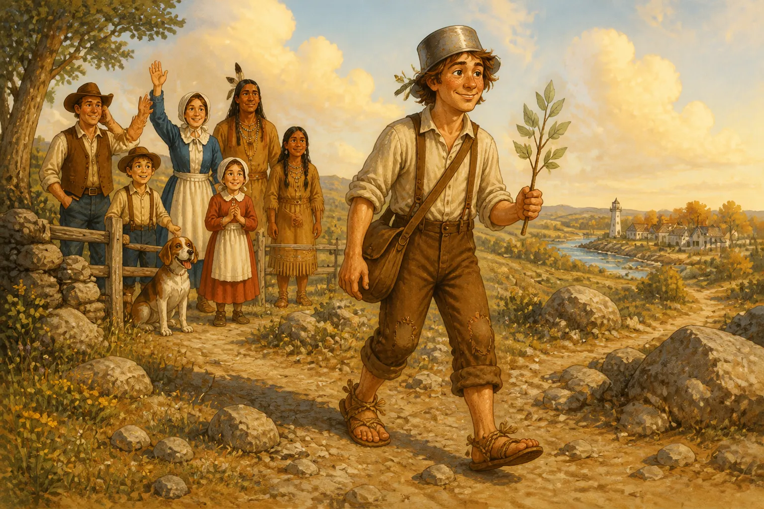 Illustration for "Johnny Appleseed Legends": He went barefoot in the warm weather, and in winter he wore cast-off shoes; when he could get none and the ways were very rough he...