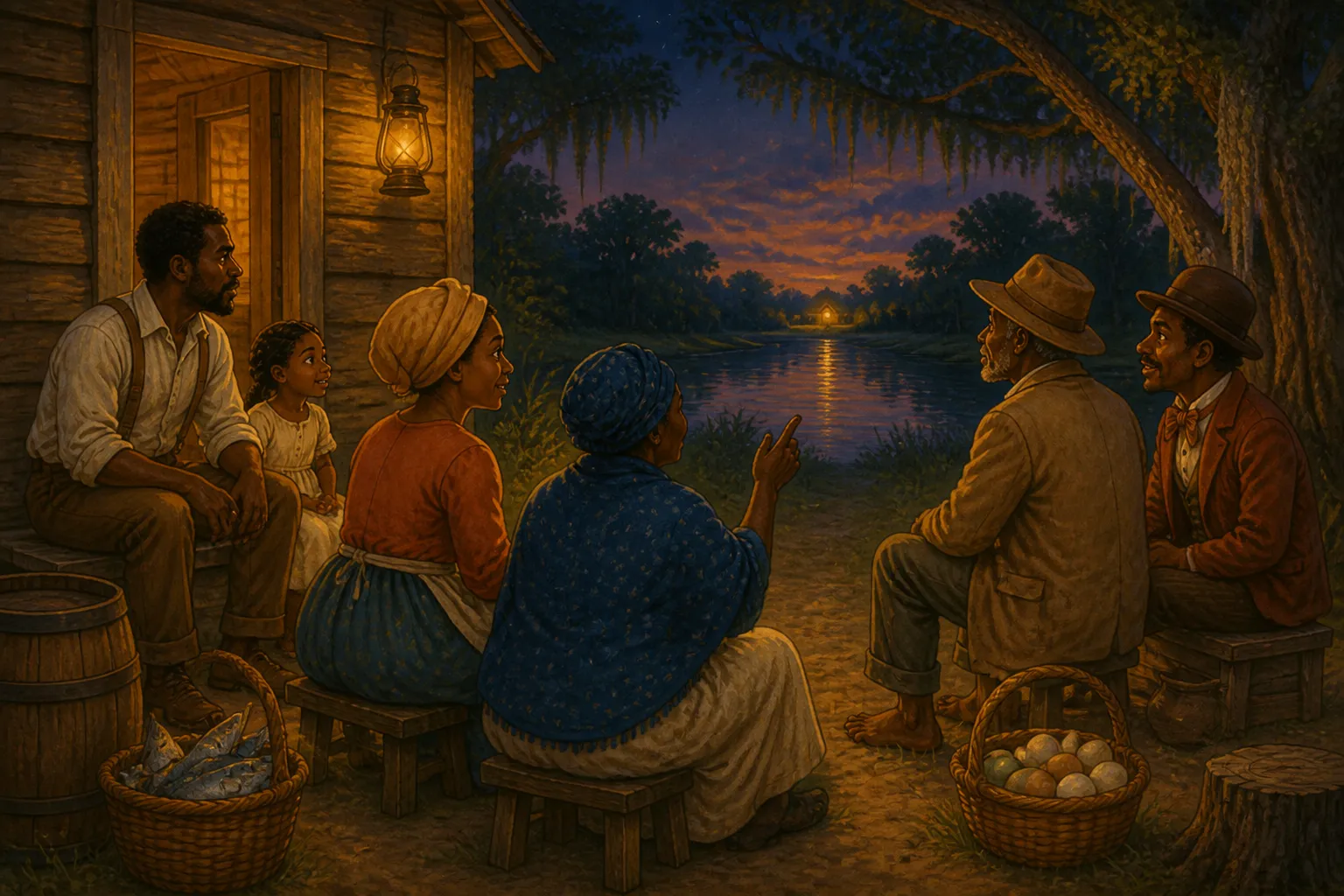 Illustration for "Boo Hag Stories": Sometimes after eating supper, the negroes would gather in each other's cabins which looked over the large openings on the plantation,...