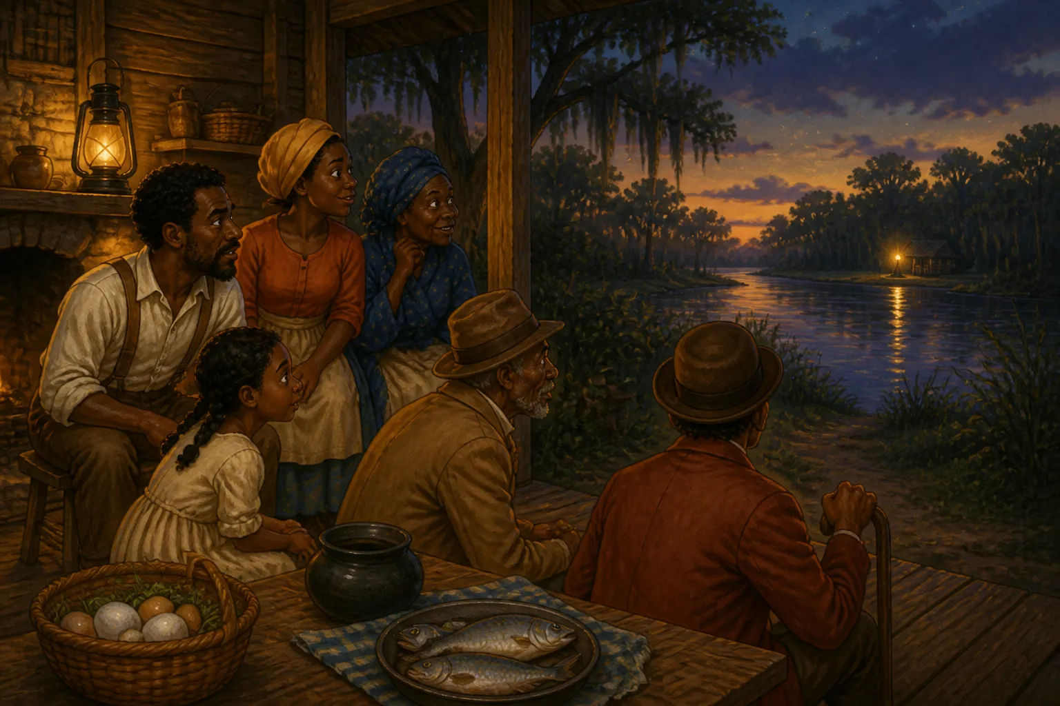Illustration for "Boo Hag Stories": Sometimes after eating supper, the negroes would gather in each other's cabins which looked over the large openings on the plantation,...
