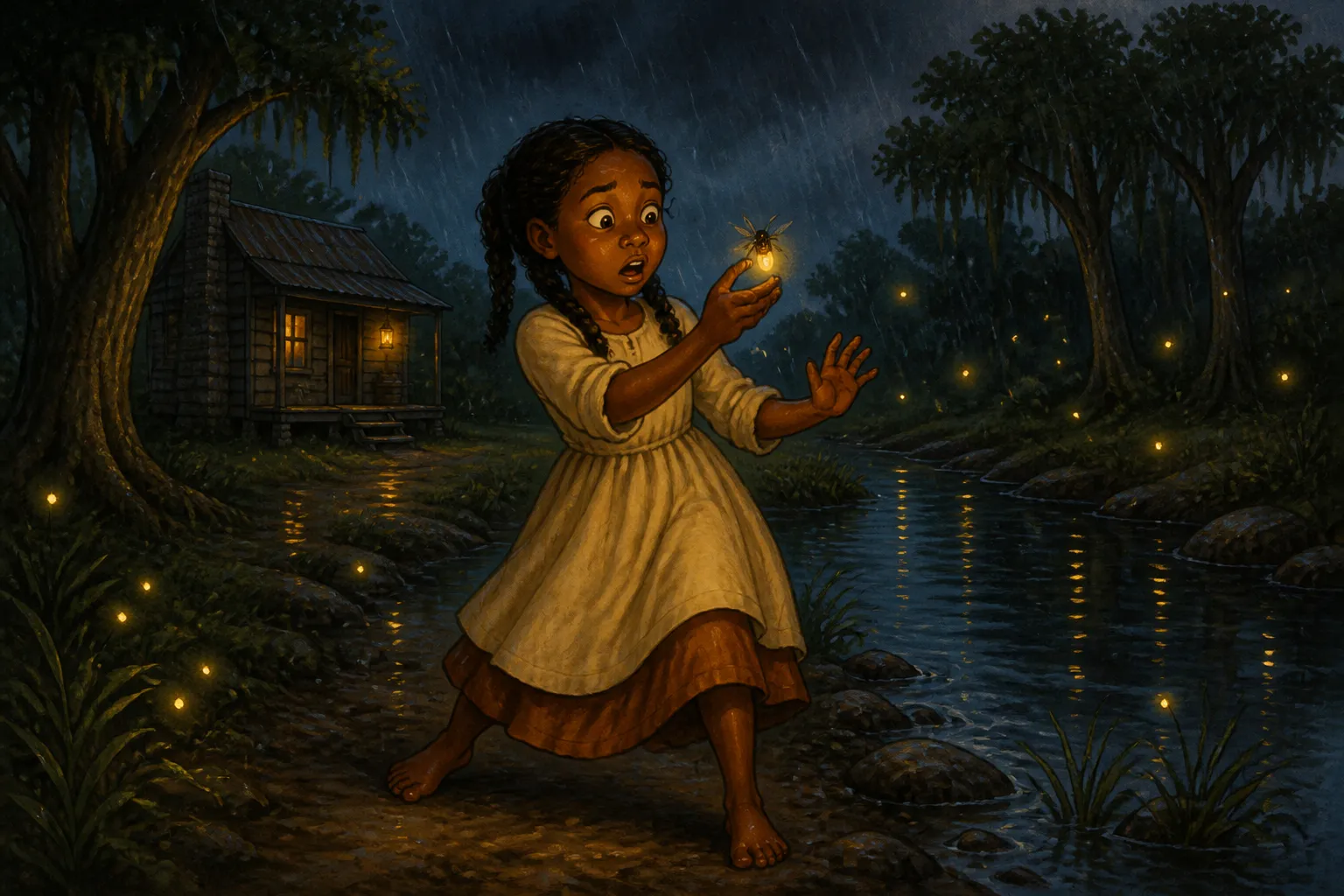 Illustration for "Boo Hag Stories": When I came near the creek one of the witches flew into my face. I jumped back and grasped it, but it proved to be one of those...