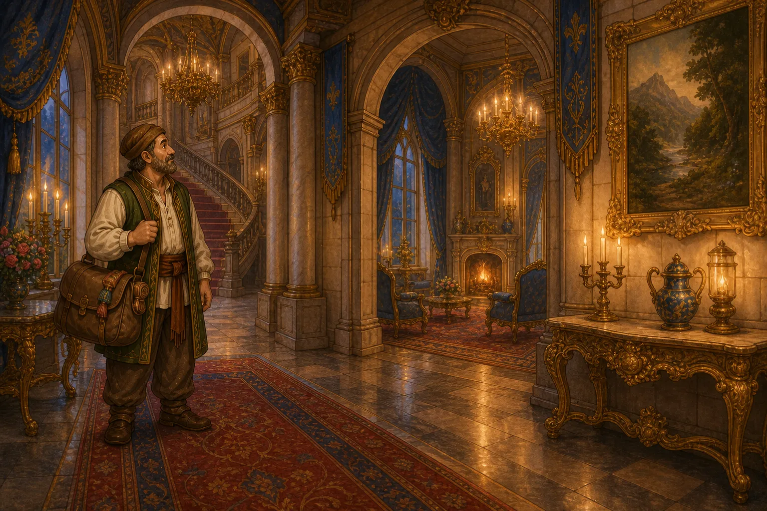 He reached the first court of the castle... passed through several splendidly furnished rooms...