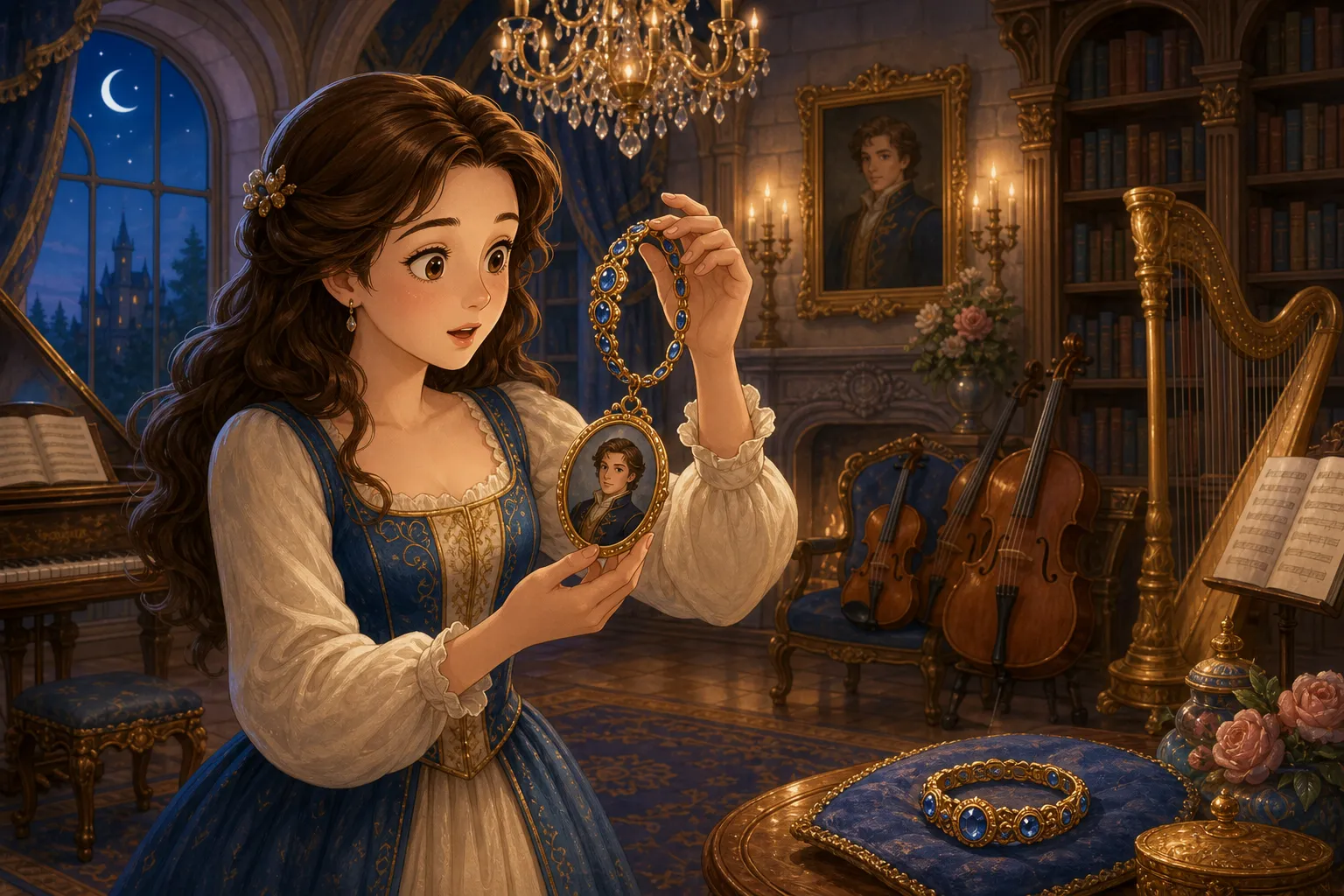 Then a bracelet which was hanging from a chandelier caught her eye, and on taking it down she was greatly surprised to find that it held a portrait of her unknown admirer...