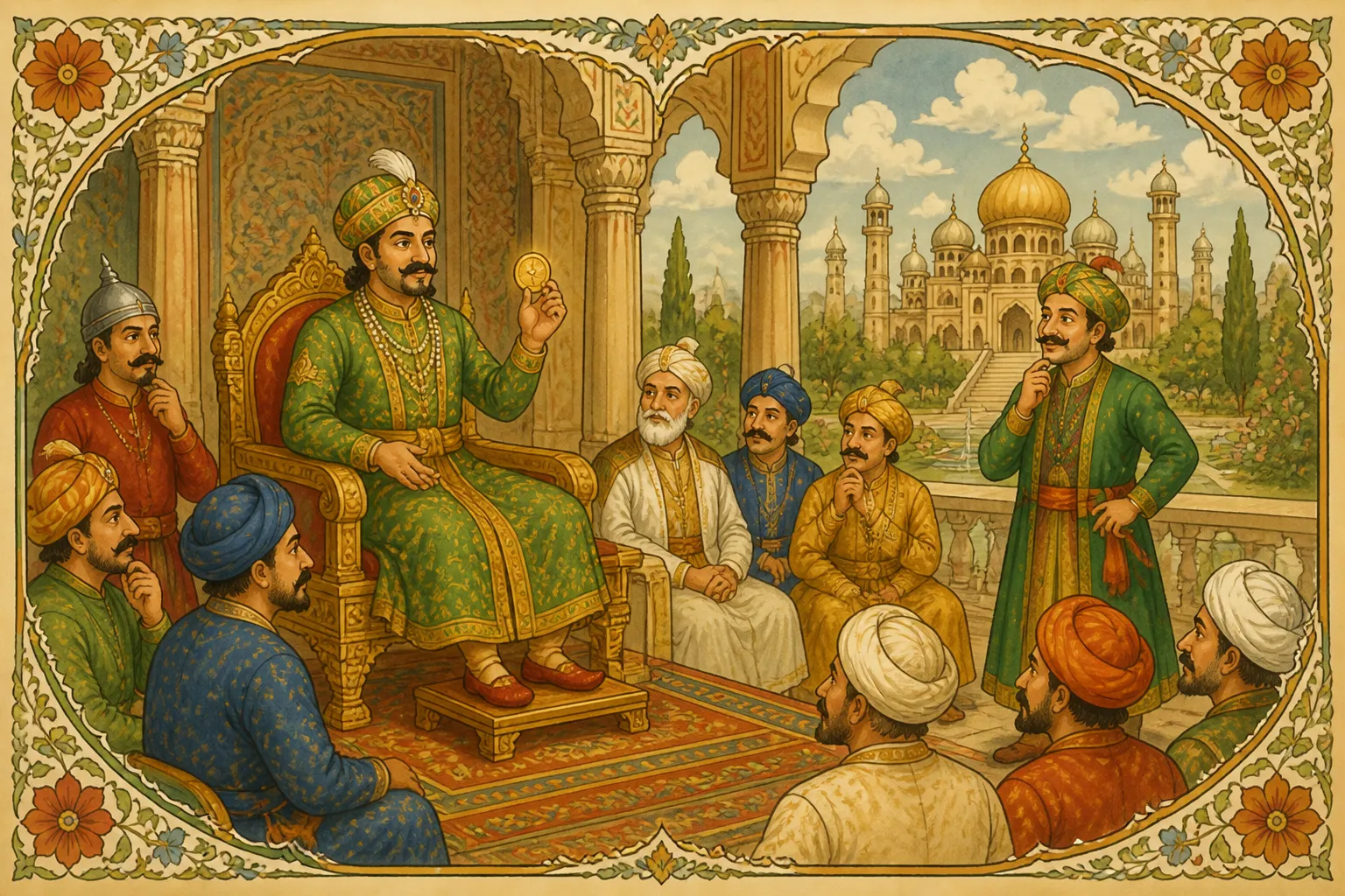 Illustration for "Akbar and Birbal Stories": “If I am giving you one gold coin and justice, which one would everyone of you choose?”