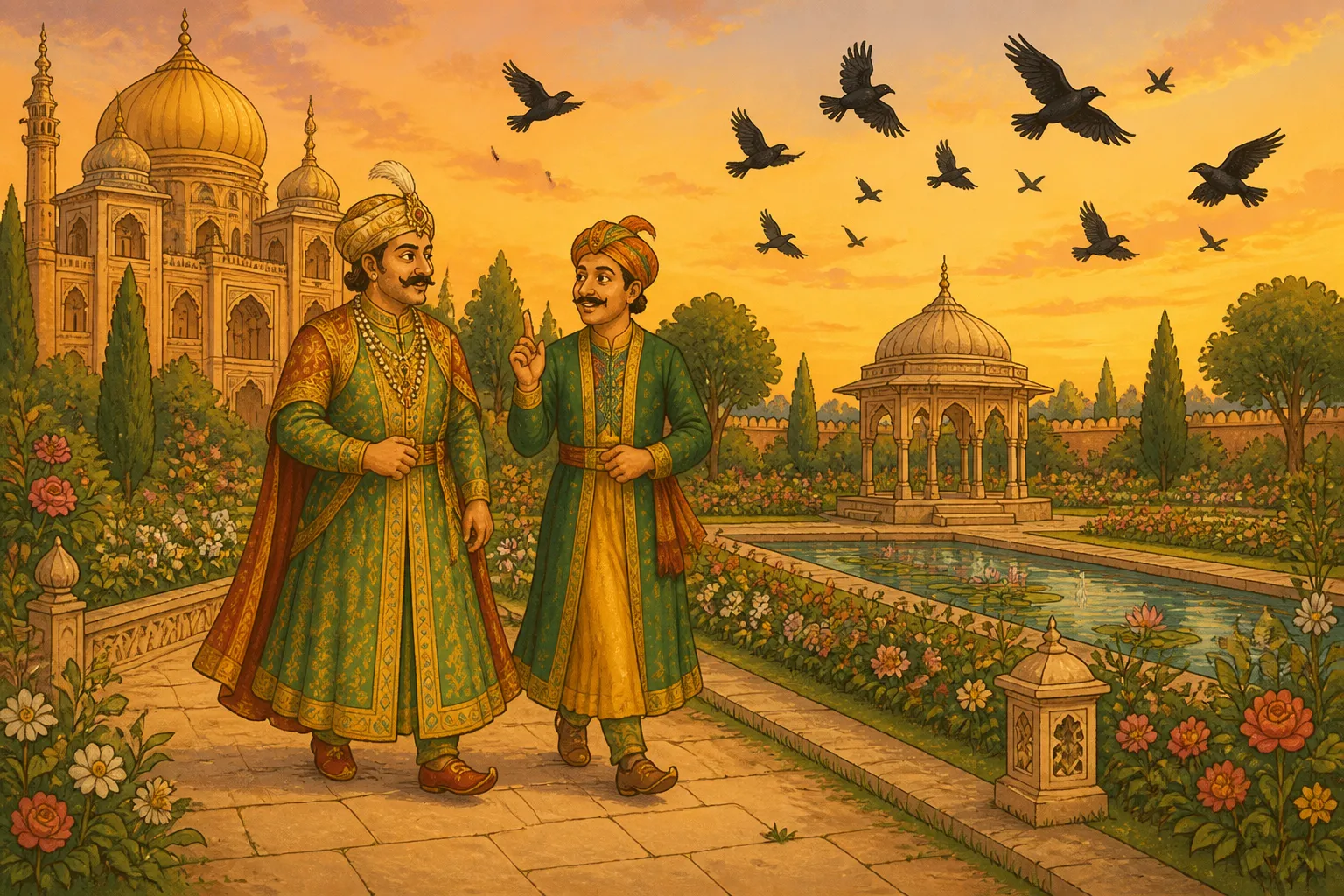 Illustration for "Akbar and Birbal Stories": “One evening, Akbar and Birbal were taking a stroll in the royal garden.”