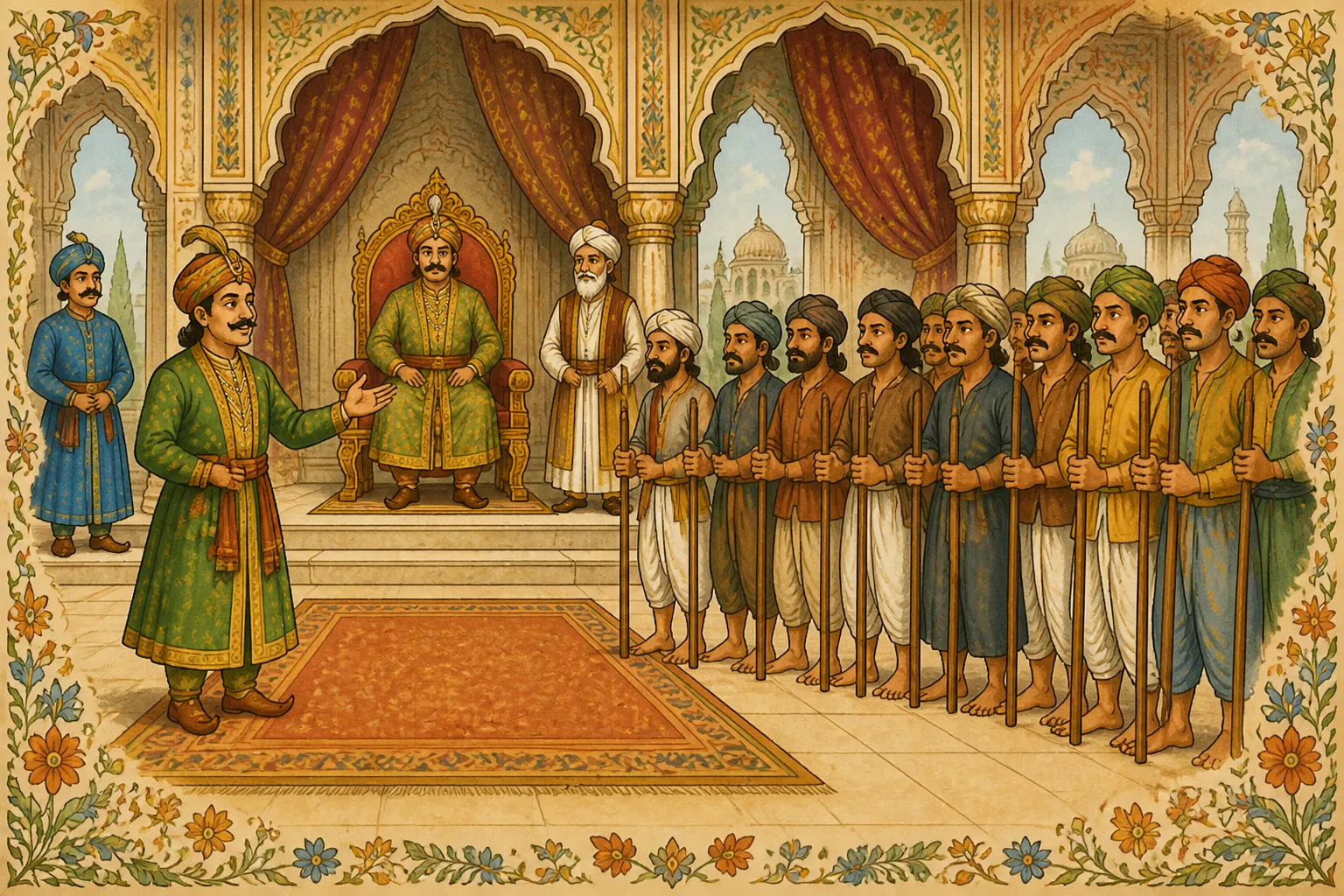 Illustration for "Akbar and Birbal Stories": “Birbal summoned all the thieves in the kingdom and handed them over sticks of equal size.”